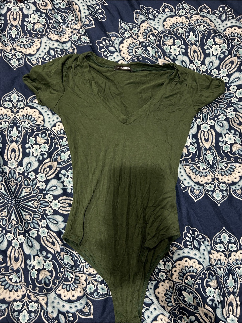 Fashion Nova Olive V-Neck Short Sleeve Bodysuit